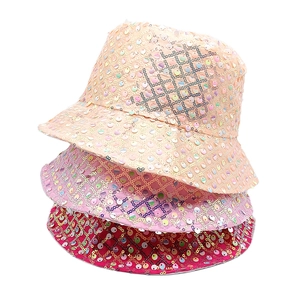 Sequin bucket hats for women in light orange, pink and rose colors with glitter finish