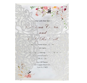Detailed laser cut silver glitter rose invitation with floral print insert card