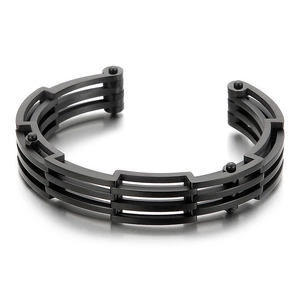 Men's black titanium steel cuff bracelet with triple-layered industrial cutout design