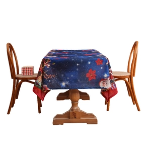 Waterproof rectangular Christmas tablecloth with Santa and poinsettia on navy blue