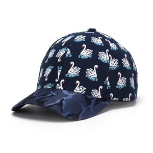Navy baseball cap with white swan print and blue camouflage brim, stylish sun protection hat