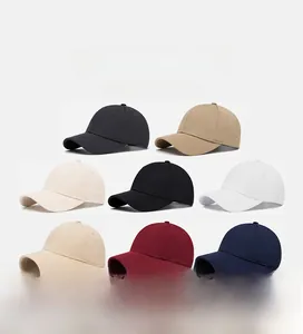 Detailed grid view of cotton baseball caps in eight solid colors with curved brims