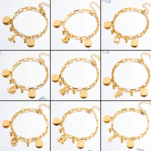 Initial Letter Gold Plated Stainless Steel Bracelet Elizabeth II Coin Pendant Retro Hip Hop Trendy Chain Jewelry Women