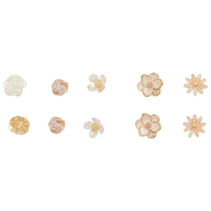 Set of 10 Korean style flower pearl earrings with rhinestones and elegant gold finish