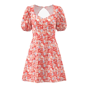 Abito Mini Stampa Floreale Poliestere Maniche A Sbuffo Scollo Quadrato Schiena Scoperta Elastico Vita Alta Linea A Boho Dolce Donna