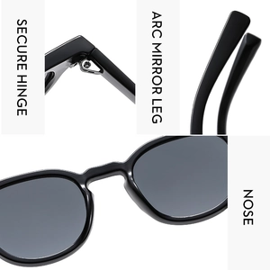 Detailed close-up of retro sunglasses featuring secure hinges and arc mirror legs