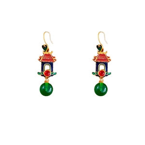 Vintage Chinese court style heart tassel earrings with colorful enamel and green beads