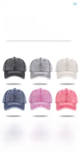 Detailed grid showing six colors of washed denim baseball caps with adjustable straps