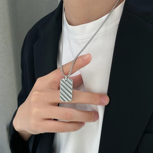 Men's silver titanium steel rectangle pendant necklace with diagonal textured finish