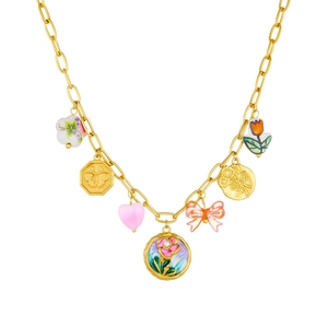 Vintage gold plated necklace set with enamel flower and butterfly pendants on white background
