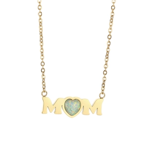 Golden MOM heart necklace with opal stone inlay on a clean white background