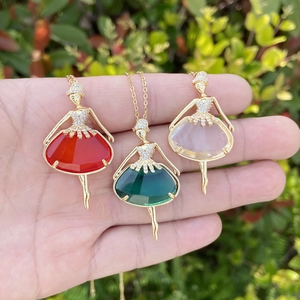 Ballerina Dancer Pendant Necklace With Colorful Gemstone Copper Zircon Elegant Korean Style Jewelry For Women