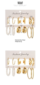 Detailed view of 12-piece gold geometric C-shape hoop earrings set with pearls and alloys