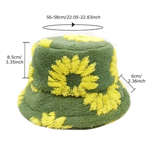 Plush green sunflower bucket hat with dimensions 56-58cm for winter outdoor warmth