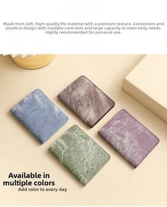 Detailed top view of slim PU leather card holders in blue, brown, green, and purple