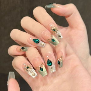 Luxurious Versailles emerald green cat eye press-on nails with 3D gems and gold accents