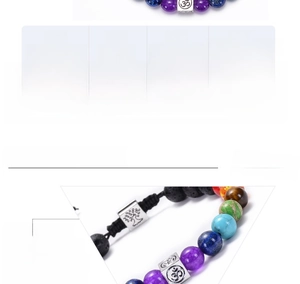 Detail view of 8mm lava rock beads and OM charm on an adjustable braided yoga bracelet