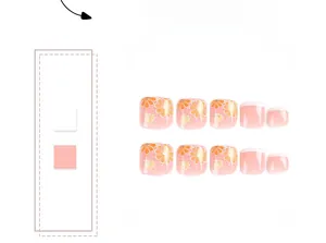 Detail of white French tip and orange daisy floral press-on toenails on white background