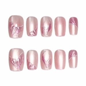 Pink mermaid tail press-on nails with 10pcs pearlescent cat-eye and marble texture