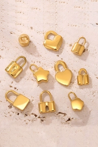 Detail of 18K gold-plated stainless steel charms in heart, star, and lock shapes
