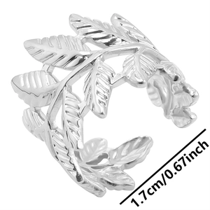 Detailed macro view showing the 1.7cm width and intricate leaf texture of the silver ring