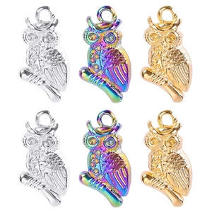 Owl Pendant Stainless Steel Rhinestone Animal Charm DIY Jewelry Making Accessory Rainbow Gold Silver Tone