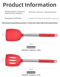 Detailed view of red silicone and stainless steel spatula set with dimensions