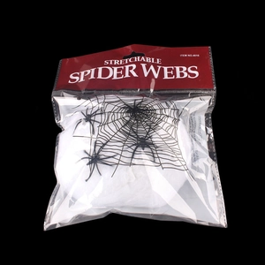 Stretchable white spider web with black plastic spiders for Halloween party decor