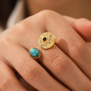 Vintage Evil Eye Offener Ring Edelstahl Türkis Zirkonia Vergoldet Verstellbarer Böhmischer Schmuck Für Frauen