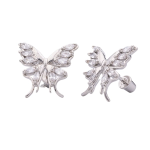 Silver butterfly stud earrings with marquise-cut marquise zircon stones and steel posts