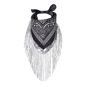 Detail of black paisley bandana with long silver fringe for parties and festivals