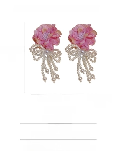 Detailed product size chart for pink fabric flower pearl bow tassel earrings with S925 needle
