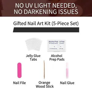 Kit complet 5 pièces pour ongles avec colle, lime, tampons d'alcool et bâton de bois