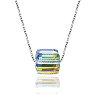 Minimalist S925 silver necklace with aurora cube crystal pendant on white background