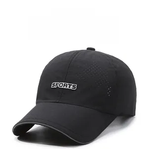 Detailed view of the black breathable mesh fabric and Sports logo on this baseball cap