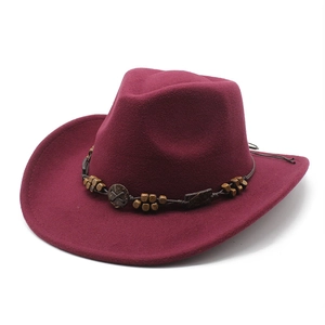Burgundy wool felt western cowboy hat with wooden beads and ethnic style hatband