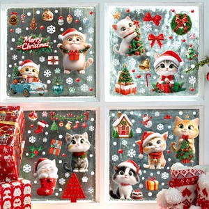 Christmas snowman window static stickers with cartoon cat and snowflake decorations