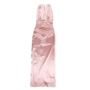 Detail of pink satin halter dress with waist ruching and elegant side split feature