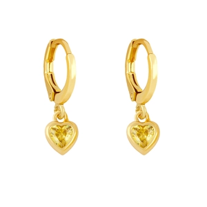 Minimalist gold heart earrings with yellow zircon pendants on a clean white background