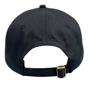 Black high-quality cotton baseball cap featuring adjustable bronze metal buckle back view