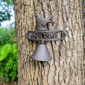 Cast Iron Welcome Bell With Bird Ornament Rustic Outdoor Garden Wall Mounted Hand Shake Decorative Doorbell For Home
