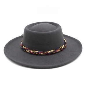 Close-up of dark grey wool felt fedora with vintage four-color woven decorative band