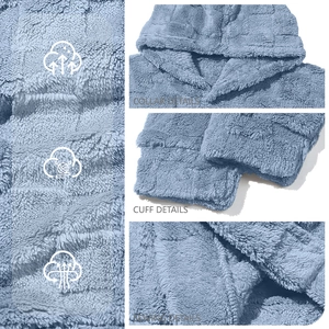 Detailed views of collar, cuffs, and sewing on a plush blue fleece hoodie