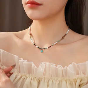 Vintage titanium steel pearl necklace with turquoise pendant and colorful beaded chain
