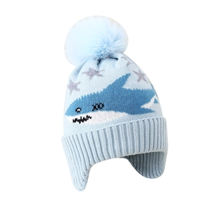 Winter kids knit shark hat with ear flaps and pom-pom in light blue warm thermal style