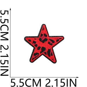 Close-up of a 5.5cm red leopard print star patch with black embroidered edges