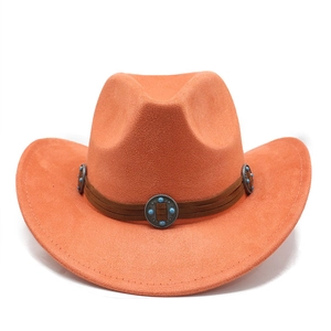 Detail of orange suede cowboy hat with brown band and turquoise metal rivets