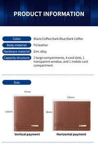 Detailed chart showing PU leather wallet specs, card slots, and dimensions for men