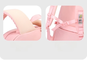 Detail of pink backpack featuring breathable padded mesh straps and adjustable chest buckle