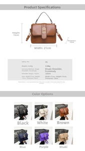 Detailed spec sheet showing PU crossbody bag dimensions 21x15x10cm and color options